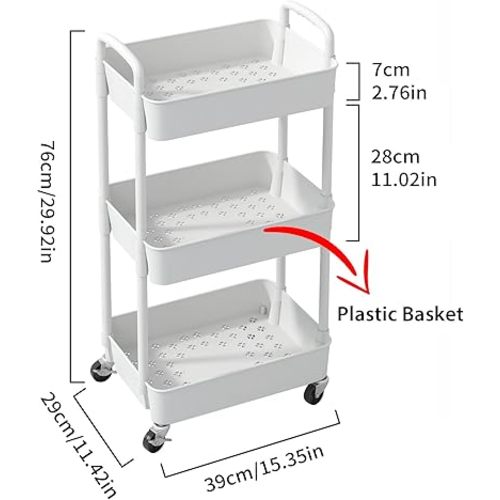 Sywhitta 3-Tier Plastic Rolling Utility Cart with Handle, Multi-Functional Storage Trolley for Office, Living Room, Kitchen, Movable Storage Organizer with Wheels, White