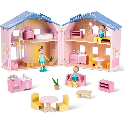 Exquisite Pink Wooden Dollhouse for Girls with Dolls and Furniture