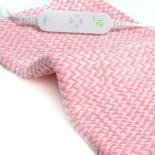 GOQOTOMO Fast-Heating Electric Heating Pad for Back/Waist/Abdomen/Shoulder/Neck Pain and Cramps Relief - 12 Heat Levels, 8 Timers with Countdown, Stay on, Machine Washable-PW01(Pink)