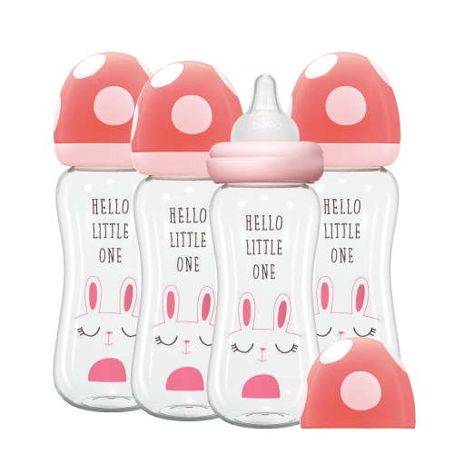 YOHKOH Natural Glass Baby Bottles,Level 2 Nipple,Wide-Neck Bottle,4pk,(8.8 oz)Red