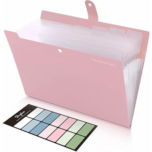 SKYDUE 8 Pockets Expanding File Folders, Accordion Folders, Portable Paper Bill Receipt Organizer, Letter Size, Home College School Office Supplies, Pink