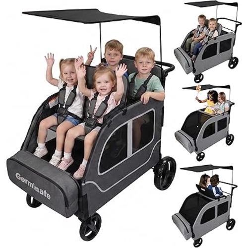 4 Seater Wagon Stroller, Large Quad Wagon for Kids 2 3 4 Baby Toddlers Child with Double Seat, Travel All Terrain Triple Stroller, Adjustable Push Pull Handle, Removable Canopy, Dark Grey