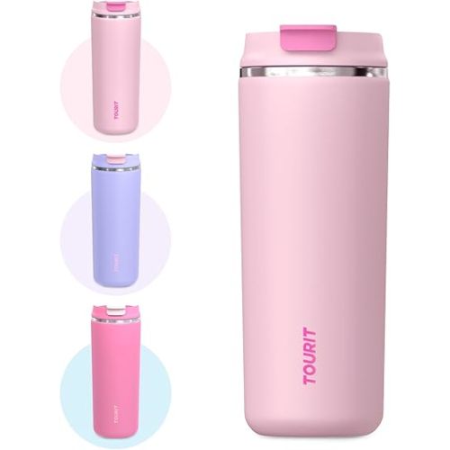 TOURIT 16 oz Insulated Stainless Steel Travel Mug with Lid, Leak-Proof Double-Wall Vacuum Tumbler, Reusable Coffee Cup - Pink