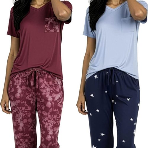 Real Essentials 2 Pack: Women's Comfy Pajama Sets - Short Sleeve Ladies Loungewear Sleepwear PJs (Available In Plus)