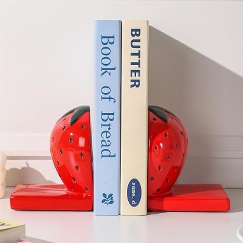 Novelty Strawberry Cute Bokends for Shelves Decorative. Book Ends for Heavy Books.Ceramic Book Holder Stopper for Home Office Desk Bookshelf Decoration.