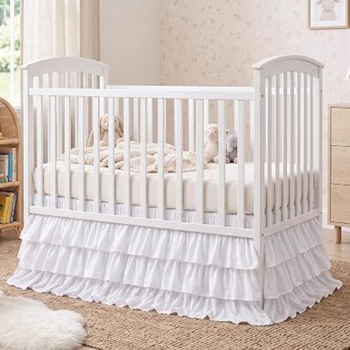 Hahafelt White Crib Skirt for Baby Girls Boys, 100% Washed Cotton Bed Skirt