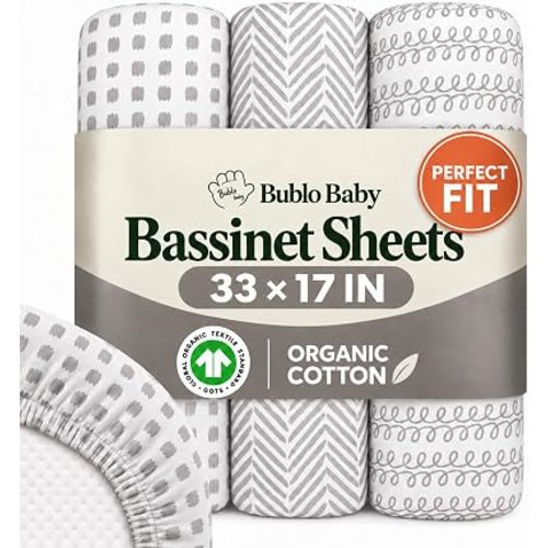 Organic Bassinet Sheets 3 Pack, 33x17 Fitted Sheet for Boys & Girls, Soft 100% Jersey Cotton, Universal Fit for Halo Bassinest, Baby Delight, Graco, Oval & Rectangle Mattress