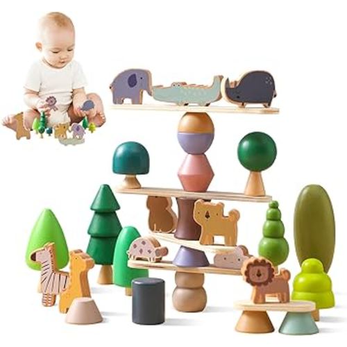 Wooden Animal Forest Balance Stacking Toy Set 36PCS Wood Miniature Tree Blocks Set Elegant Ornaments for Home Decor Wooden Mini Trees Animals Balance Toy for Toddler 36 Months+
