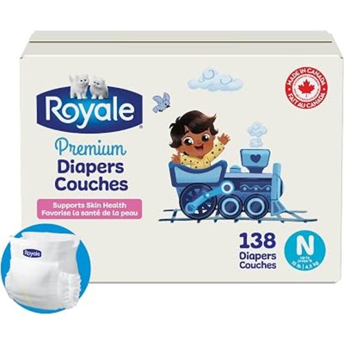 Royale Premium Diapers, Size Newborn (up to 10lb), 138 Count, Disposable Baby Diapers (Packaging may vary)
