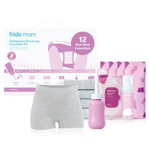 Frida 11pc Postpartum Essentials Kit, Hospital Bag Basics for New Mom | Disposable Underwear, Ice Maxi Pads, Perineal Healing Foam, 24 Pad Liners & Peri Bottle for New Moms