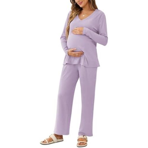 Women's Maternity Pajamas Sets 2 Piece Ribbed Outfits Long Sleeve V Neck Pullover and Long Pant Pregnancy Loungewear