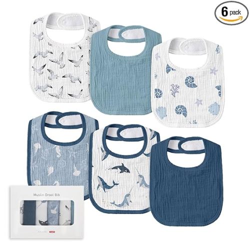 Muslin Baby Drool Bibs for Unisex Boys Girls, 6 Pack Soft Cotton Baby Bib for Teething Drooling, Essentials Shower Gift (6, Blue)