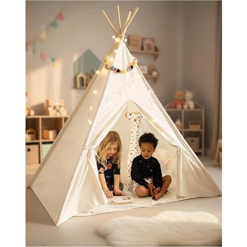 Playvibe Teepee Tent for Kids with LED Star Lights - Toddler Tent & Reading Corner for Kids, Playhouse Gift, Nursery Decor & Indoor Play, Winter Indoor Retreat Toy Fort for Toddler