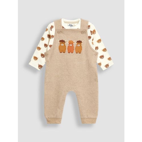 Brown Highland Cow 2-Piece Appliqué Dungarees & Print Top Set