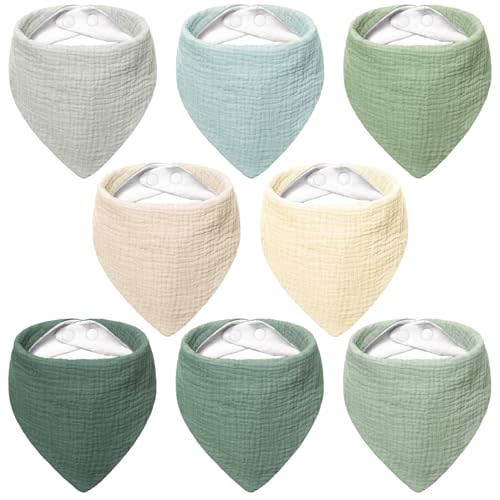 Bearmoss Muslin Baby Bibs 8 Pack Soft Bandana Bibs for Drooling & Teething, Absorbent Burp Cloths with Adjustable Snaps