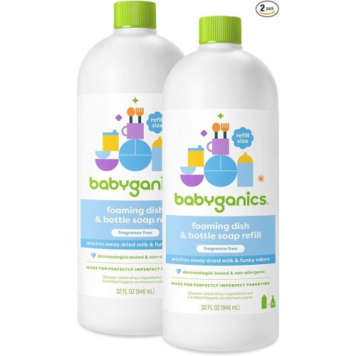 Babyganics Foaming Dish & Bottle Soap, Fragrance Free, Removes Dried Milk, 32 Fl Oz (Pack of 2), Packaging May Vary
