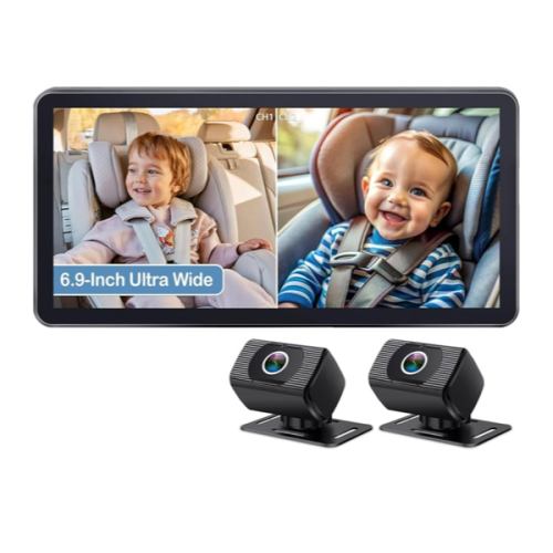 2-Kids Baby Car Camera for Seat: 6.9 Inch Ultrawide Display with Two Cameras Rear Facing - USB Powered Backseat Camera HD 1080P Easy to Install