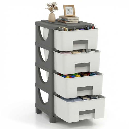 Costway 1 PCS 4-Drawer Storage File Cabinet, Plastic Storage Organizer with Handles for Bedroom White + Gray
