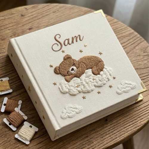 Personalized Baby Photo Album, Hand Embroidered Linen Baby Book, Custom Teddy Bear Keepsake, Newborn Gift, Baby Shower Memory Album
