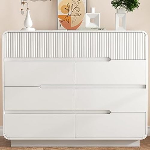 Fluted 8 Drawer Dresser for Bedroom Modern Wooden Chest of Drawers & Storage Cabinet, Large Closet Organizer with Anti-Tip Device as TV Stand for Living Room, Hallway, Entryway, White