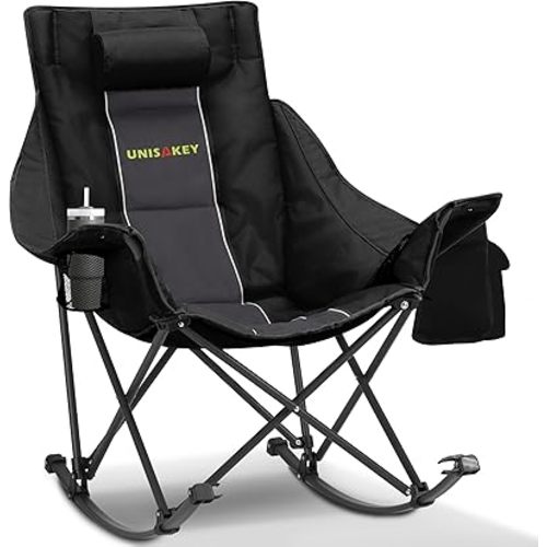 Oversized Rocking Camping Chair with Headrest & Cup Holder - 400lbs Capacity, 600D Oxford Fabric, Easy Fold Portable Outdoor Rocker Chair for Camping, Backyard, Beach, Deep Gray