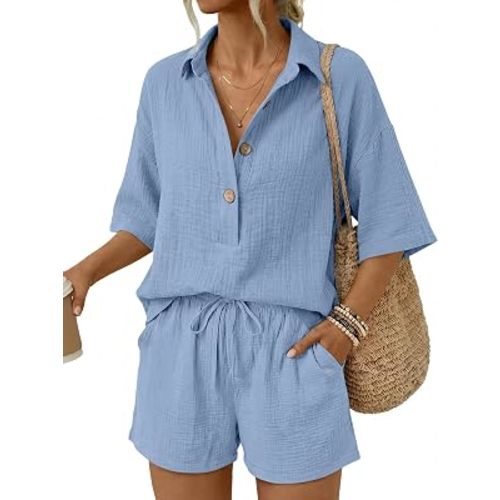 LILLUSORY Women 2 Piece Linen Short Sets 2026 Summer Vacation V Neck Short Sleeve Beach Outfits Oversized Button Cotton Pjs