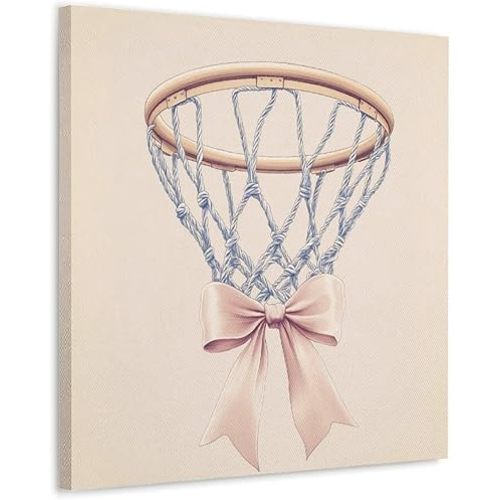 Basketball Hoop with Canvas Painting Wall Art Pink Ribbon Bow Poster Print Artwork Picture for Bedroom Room Decor 16x16inch(40x40cm) Frame