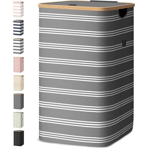 BALEINE Laundry Hamper with Lid, Tall Laundry Baskets with Bamboo Pull Handles, Large Laundry Bin with Internal Support (18 Gal/70L, Grey Pinstripe)