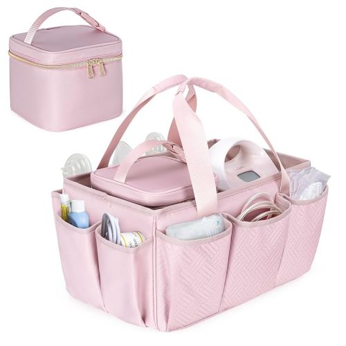 Fasrom Breast Pump Caddy Organizer Bag with Cooler Compatible with Spectra S1 and S2, Pumping Tote Bag Baby Diaper Storage Basket to Hold Pump Parts and Baby Items, Pink (Patent Design)