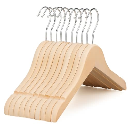 TOPIA HANGER Unfinished/Natural Kids Children Baby Wood Wooden Clothes Dress Shirt Hangers with No Painting - 360°Stronger Flexible Hook- Extra Smoothly Cut Notches, 10 Pack CT09N