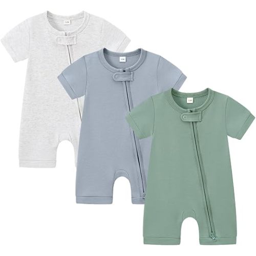 Bafeicao 3 Pack Baby Boy Girl Short Sleeve Rompers | 2 Way Zipper Romper, Soft Cotton, Solid, Unisex, Summer, One Piece Jumpsuits Clothes