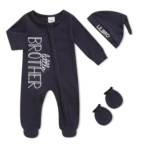 TITKKOP Newborn Baby Boy Outfits Zippered Romper Letter Embroidered Coming Home Jumpsuit with Hat Mittens