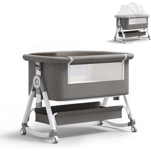 3-in-1 Baby Bassinet Bedside Cradle with Wheels, Mosquito Net & Storage Basket, Adjustable Infant Bassinet with Comfy Mattress and Breathable Mesh for Newborns