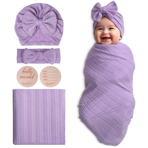 Golener Muslin Swaddle Blankets,Sleepea Swaddle with Bow Headbands, Hats Set and Newborn Name Announcement Card, Stretchy Baby Blankets for Girls and Boys Unisex, Perfect for Newborn Photos (Purple)