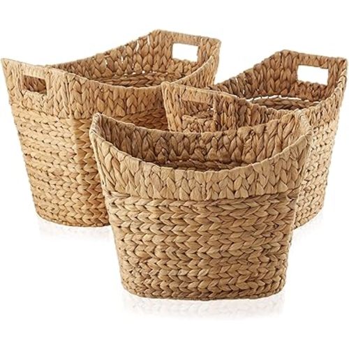 Casafield Set of 3 Stackable Oval Laundry Baskets with Handles - Natural, Woven Water Hyacinth Storage Totes for Throw Blankets, Bathroom, Bedroom, Living Room