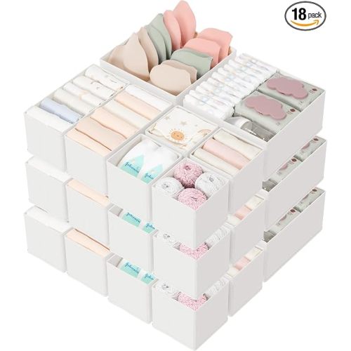 Drawer Organizers 18-Piece Set, Dresser Organizer for Baby Clothes, Foldable Closet Storage & Drawer Dividers for Underwear, Socks, Nursery, White