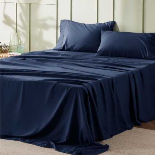 4 Pcs Sheet Sets Solid Embossed Ultra Soft & Durable Easy Care Polyester Microfiber Bedding Queen Navy