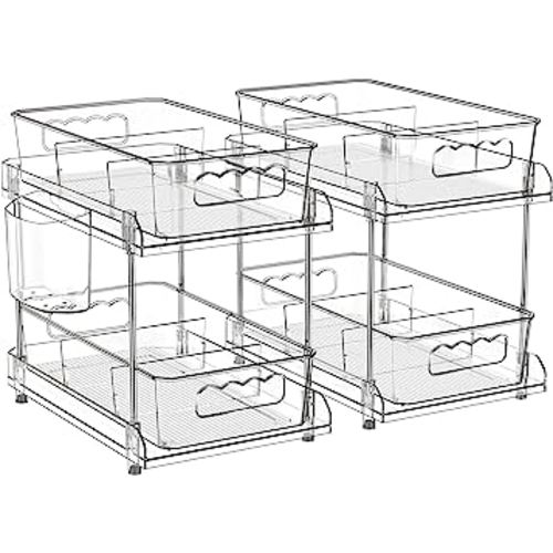 2 Tier Clear Organizer with Dividers, Pantry Organization Multi Purpose Slide-Out Bathroom, Kitchen Medicine Cabniet Bins, Under Sink Organizers and Storage, 2 Pack
