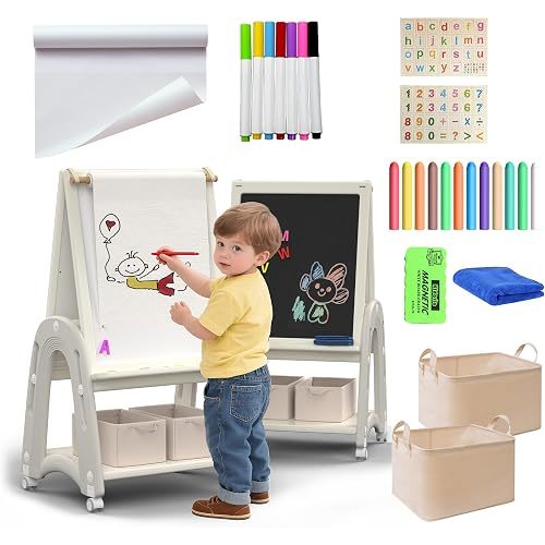 Art Easel for Kids 2-4 with Wheels, Whiteboard, Chalkboard & Paper Roll Adjustable Height 3-in-1 Toddler Easel for 2-4 Year Old Painting Easel for Kids with Storage & Accessories, Grey