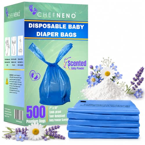 Baby Disposable Diaper Bags (500 ct.) Fresh Baby Powder Scented Bulk Easy-Tie Diaper Sacks Nursery Trash Bags Dog Poop Bags Cat Litter Waste Bags Sanitary Pads Disposal Bags (500 Bags, Blue)