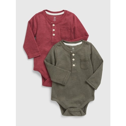 Baby Waffle-Knit Henley Bodysuit (2-Pack) in black moss