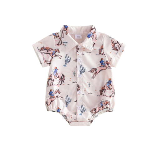 BemeyourBBs Western Baby Boy Clothes Infant Cowboy Outfit Racing Shirt Romper Short Sleeve Collar Button Down Horse Print Dress Bodysuit Newborn Summer Clothes