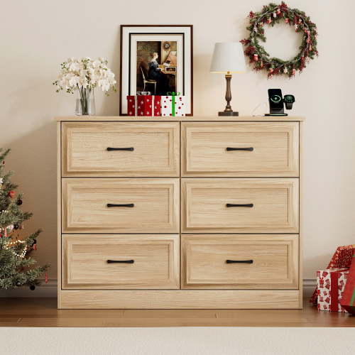 Vabches 6 Drawers Dresser with Charging Station for Bedroom, Wood Chest of Drawers, Farmhouse,Oak