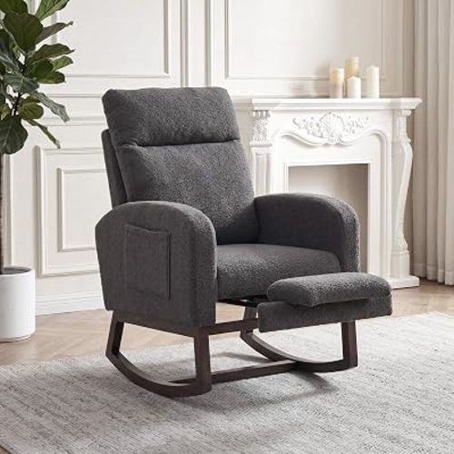 GarveeLife Nursery Rocking Chair,300lb Glider Chair with Solid Wood Legs/Two Side Pockets,Teddy Upholstered Glider Rocker with Footrest High Backrest for Living Room/Bedroom/Nursery