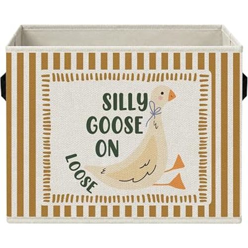 Funny Goose Nursery Storage Bins with Handles, Farm Animal Nursery Orange Striped Foldable Collapsible Storage Basket Organizer for Kids Boys Girls Room Bedroom Bathroom Books Clothes