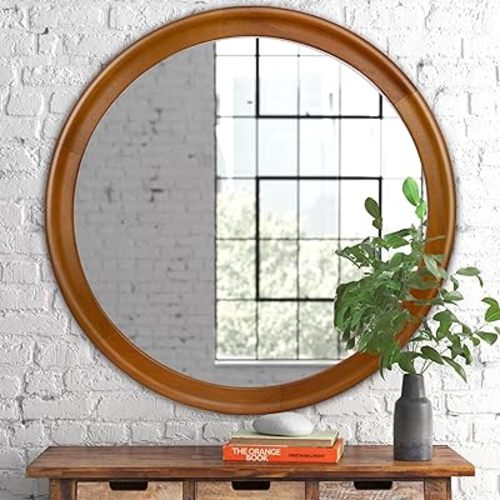 Round Wood Mirror for Wall,36 Inch Circle Decorative Mirror with Walnut Frame,Rustic Bathroom Hanging Vanity Mirror for Entryway,Bedroom or Living Room