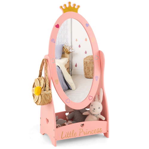 Costway Children's Vanity Floor Mirror, Full-Length, 360° Rotatable, Wooden Princess Storage, Pink