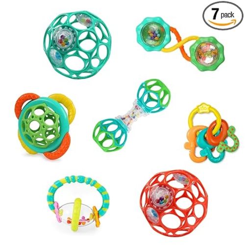 Bright Starts Soothers & Shakers 7pc Gift Set - BPA-Free Baby Rattles, Teethers and Stroller Toys, Unisex, Newborn+