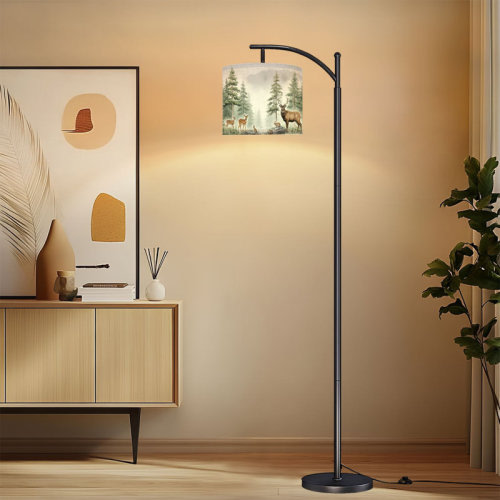 Millwood Pines Arc Floor Lamp with Adjustable Lampshade Watercolor Forest Wildlife Scene Deer Rabbits Misty Pine Trees Soft Standing Lamp 3 Color Temperatures Dimmable Tall Pole Lamp with Foot Switch for Bedroom | Wayfair