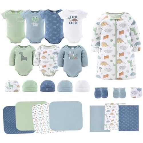 The Peanutshell Newborn Clothes & Accessories Set for Baby Boys | 23 Piece Layette Gift Set | Fits Newborn to 3 Months | Dinosaur, Blue, Green